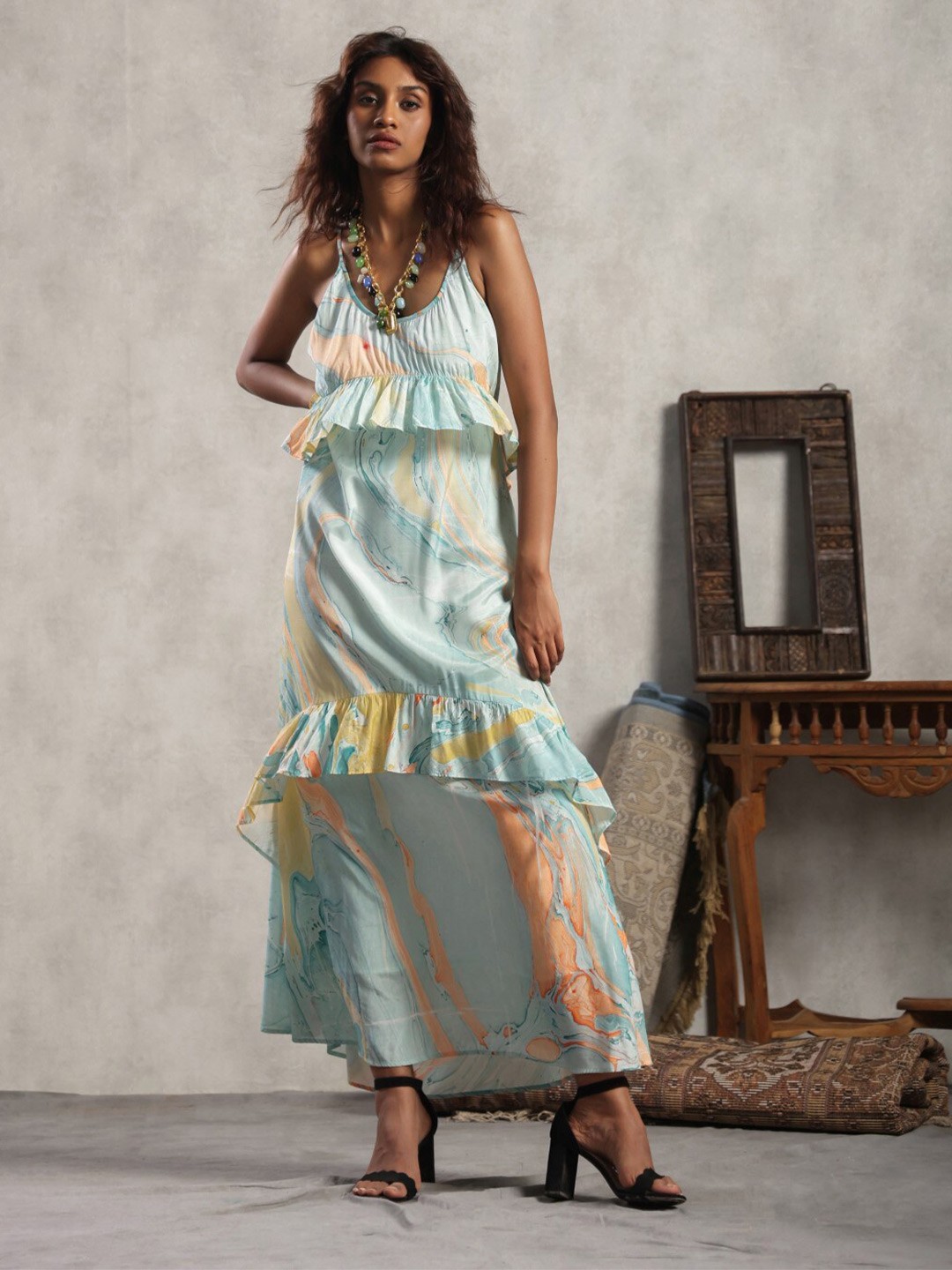 

Nyaro Abstract Print Shoulder Straps A-Line Maxi Dress, Turquoise blue