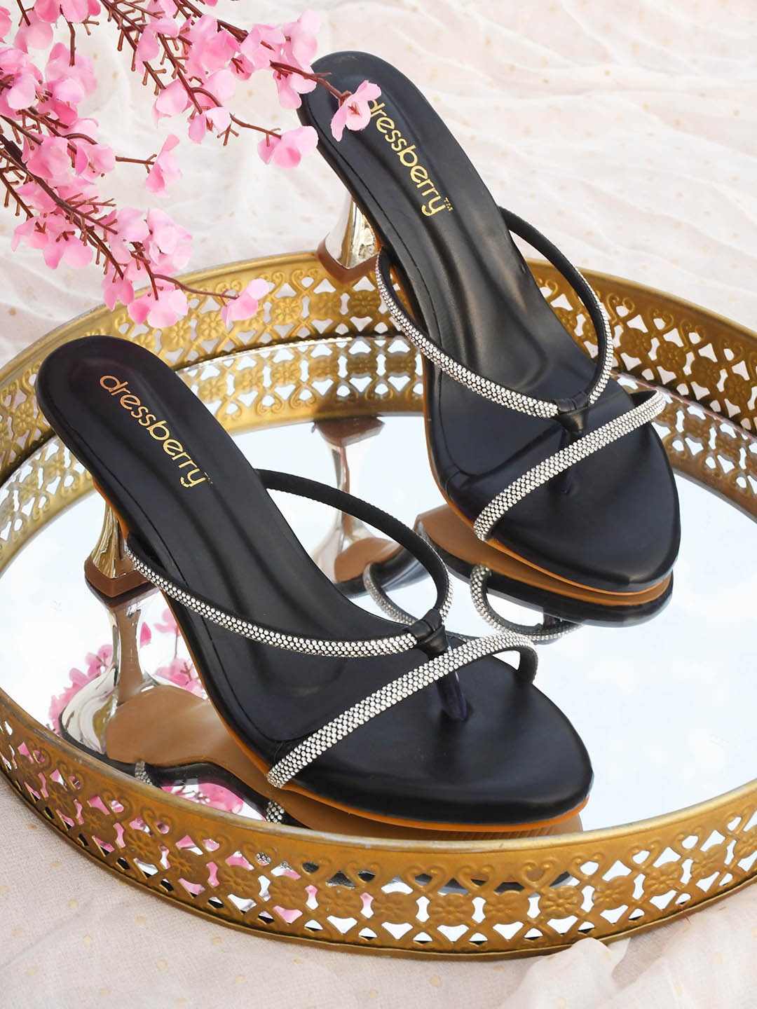 

DressBerry Black Embellished Open Toe Block Heels