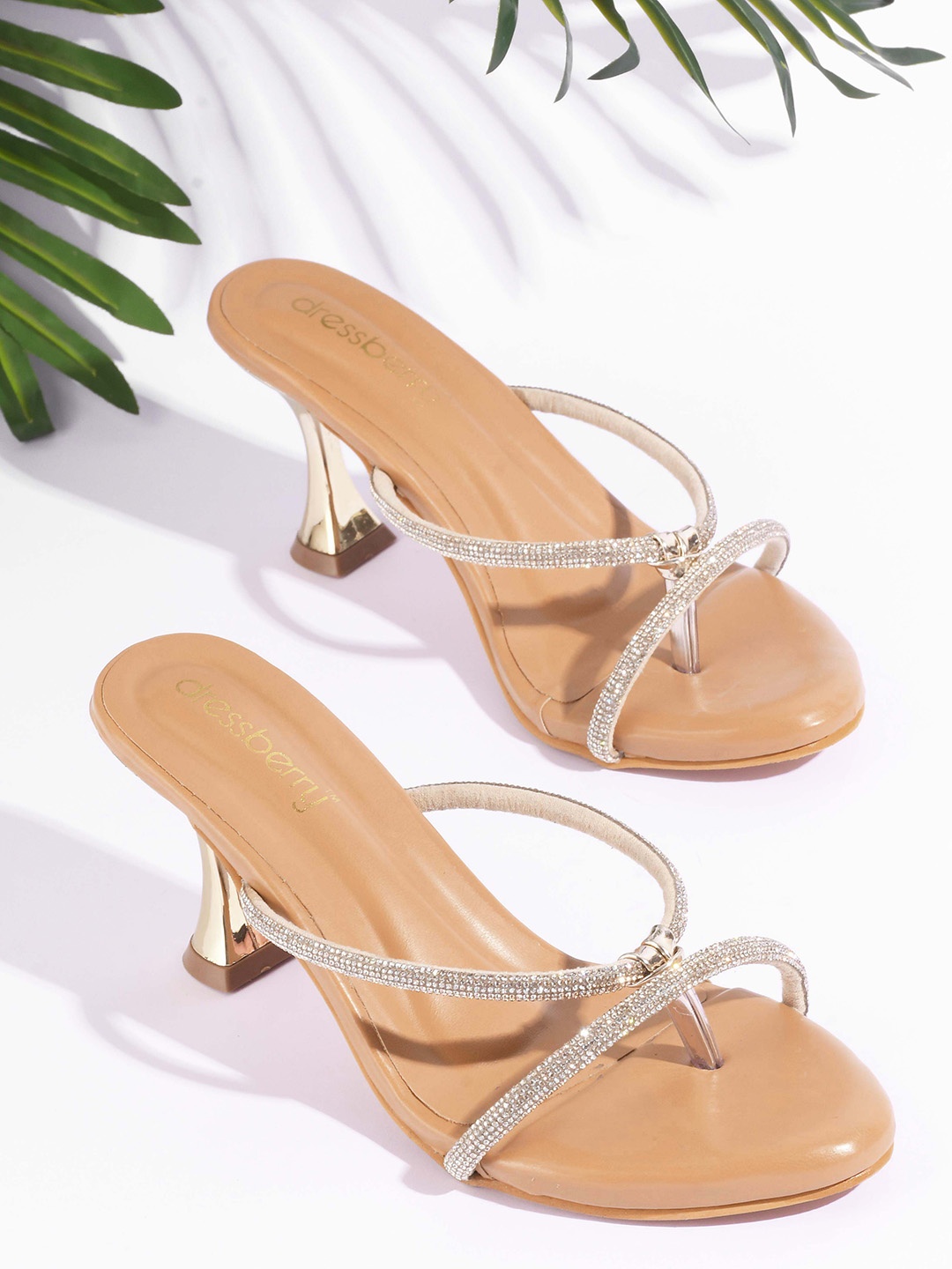 

DressBerry Tan Brown Embellished Open Toe Block Heels