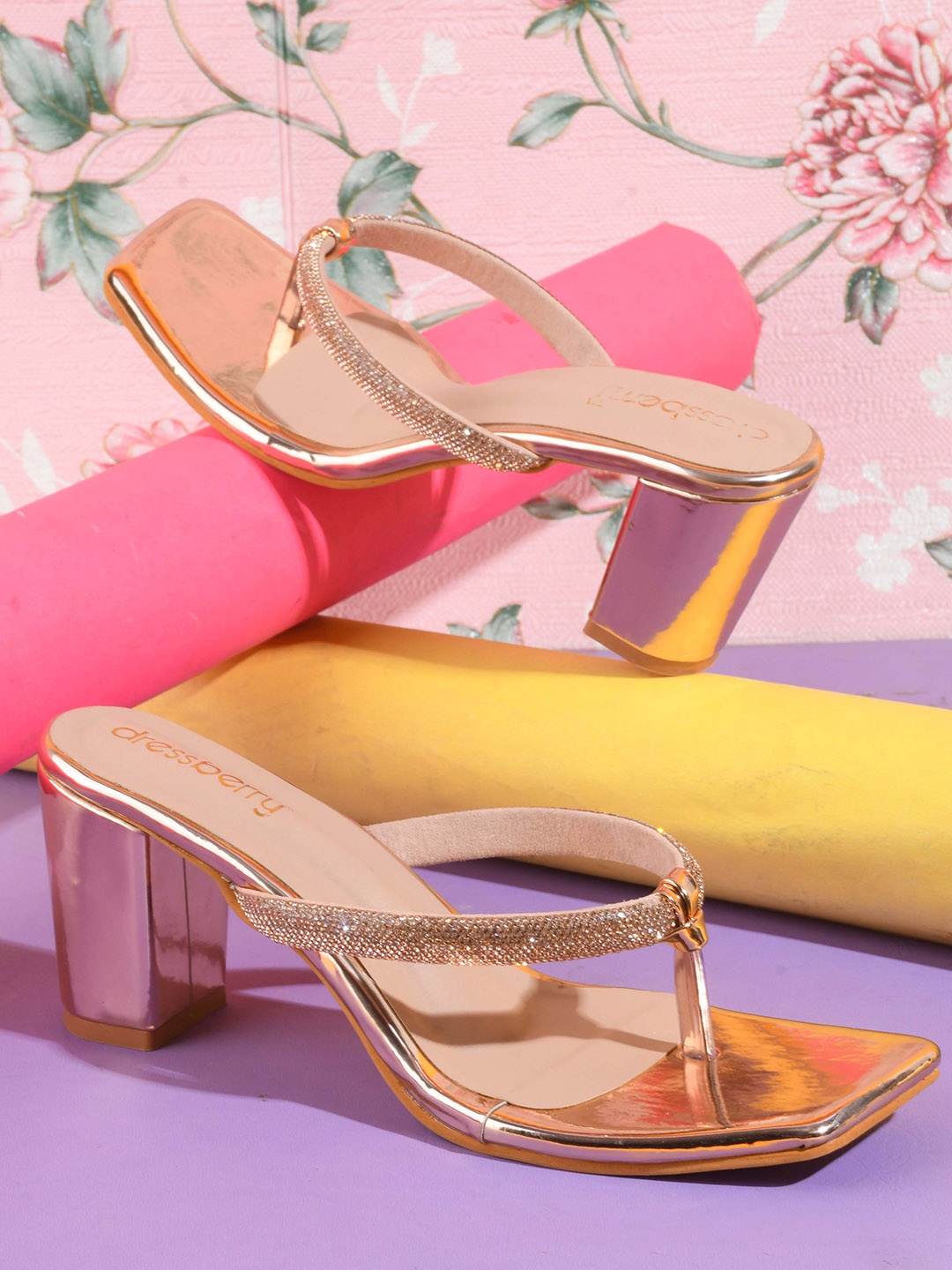 

DressBerry Nude-Coloured Embellished Open Toe Block Heels