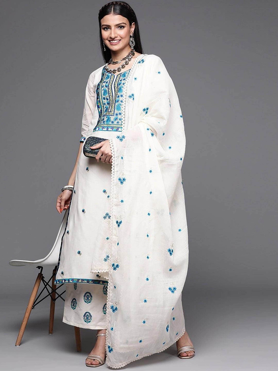 

ORUVAN Floral Embroidered Thread Work Straight Pure Cotton Kurta With Trousers & Dupatta, White