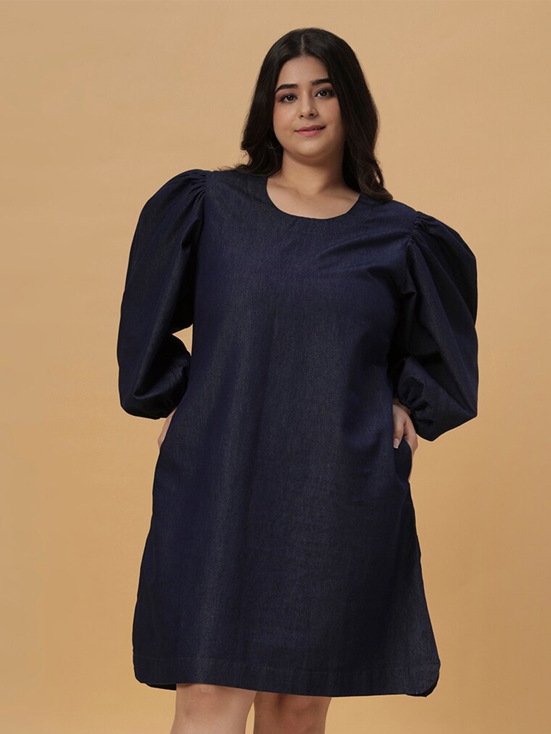 

Turning Blue Plus Size Long Sleeves Round Neck Cotton Denim Short Dress