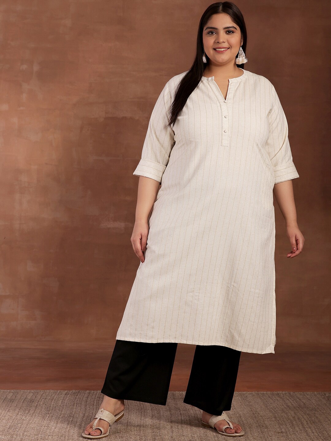 

EXTRA LOVE BY LIBAS Plus Size Striped Thread Work Cotton Dobby Straight Kurta, Cream