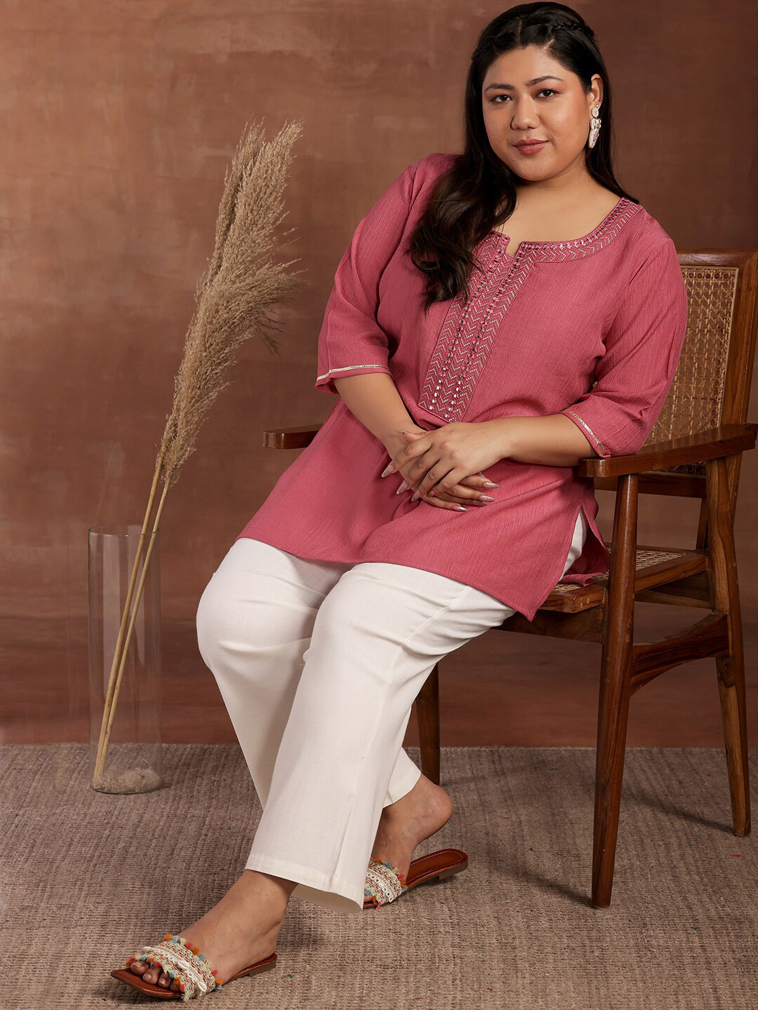

EXTRA LOVE BY LIBAS Plus Size Woven Design Round Neck Three-Quarter Sleeves Kurti, Pink