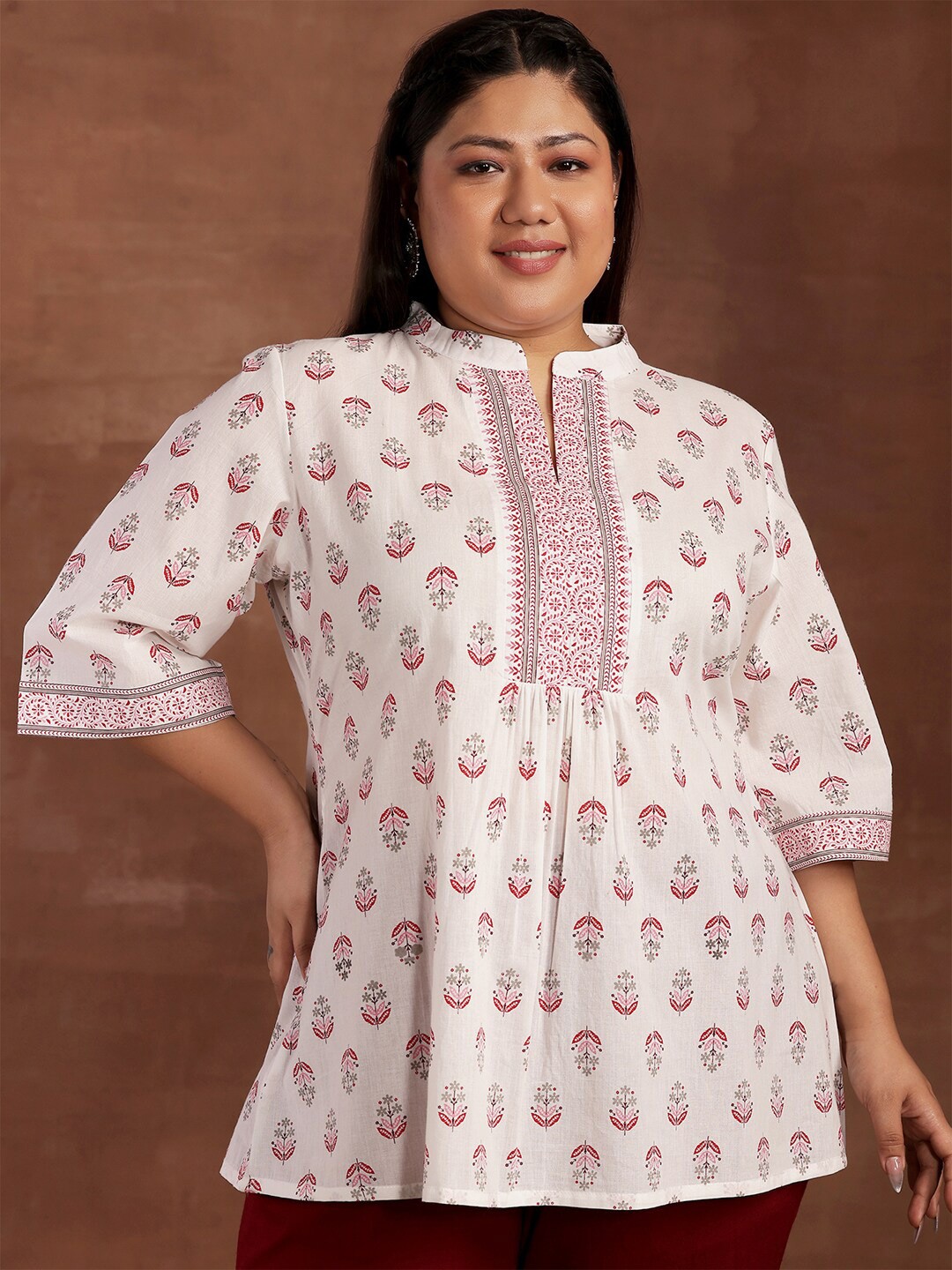 

EXTRA LOVE BY LIBAS Plus Size Floral Mandarin Collar Three-Quarter Sleeves Cotton Kurti, White