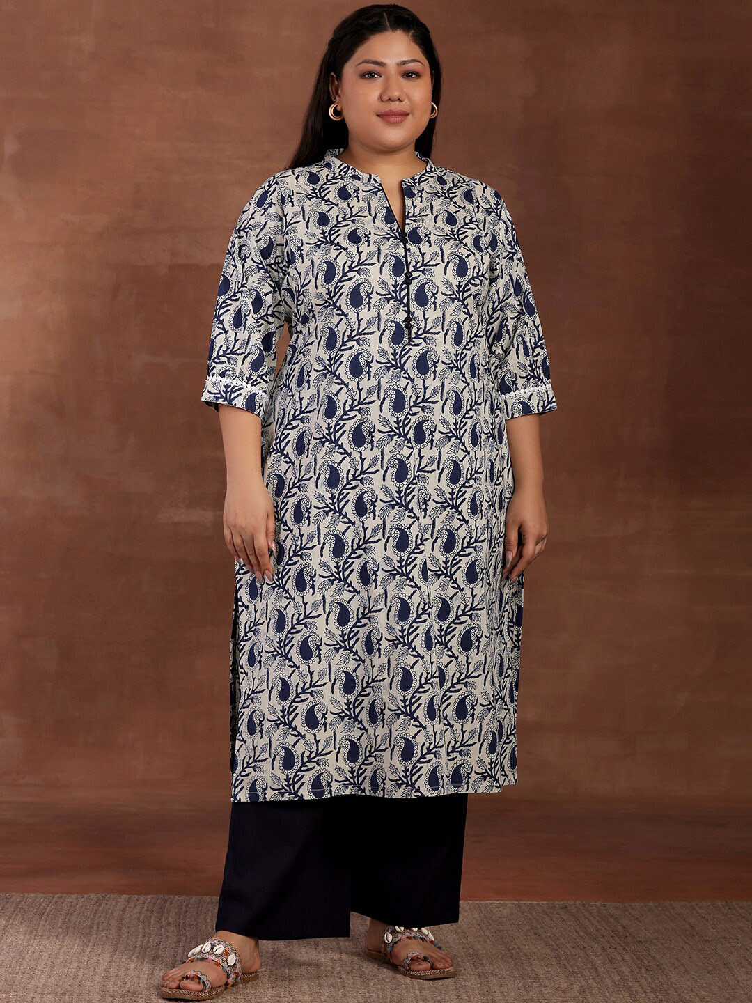 

EXTRA LOVE BY LIBAS Plus Size Women Ethnic Motifs Printed Cotton A-Line Kurta, Blue