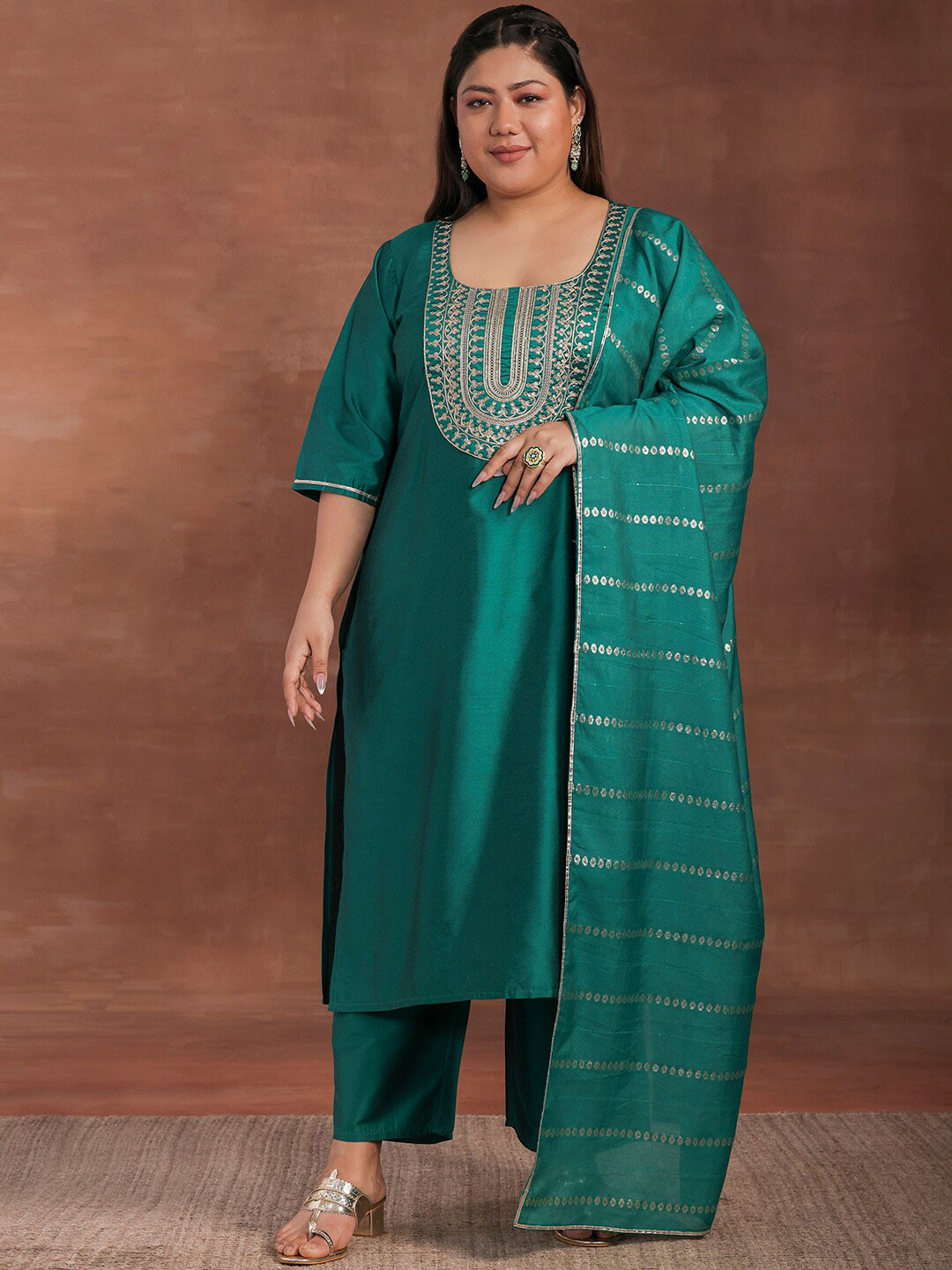 

EXTRA LOVE BY LIBAS Plus Size Floral Yoke Design Sequinned Kurta with Palazzos & Dupatta, Green