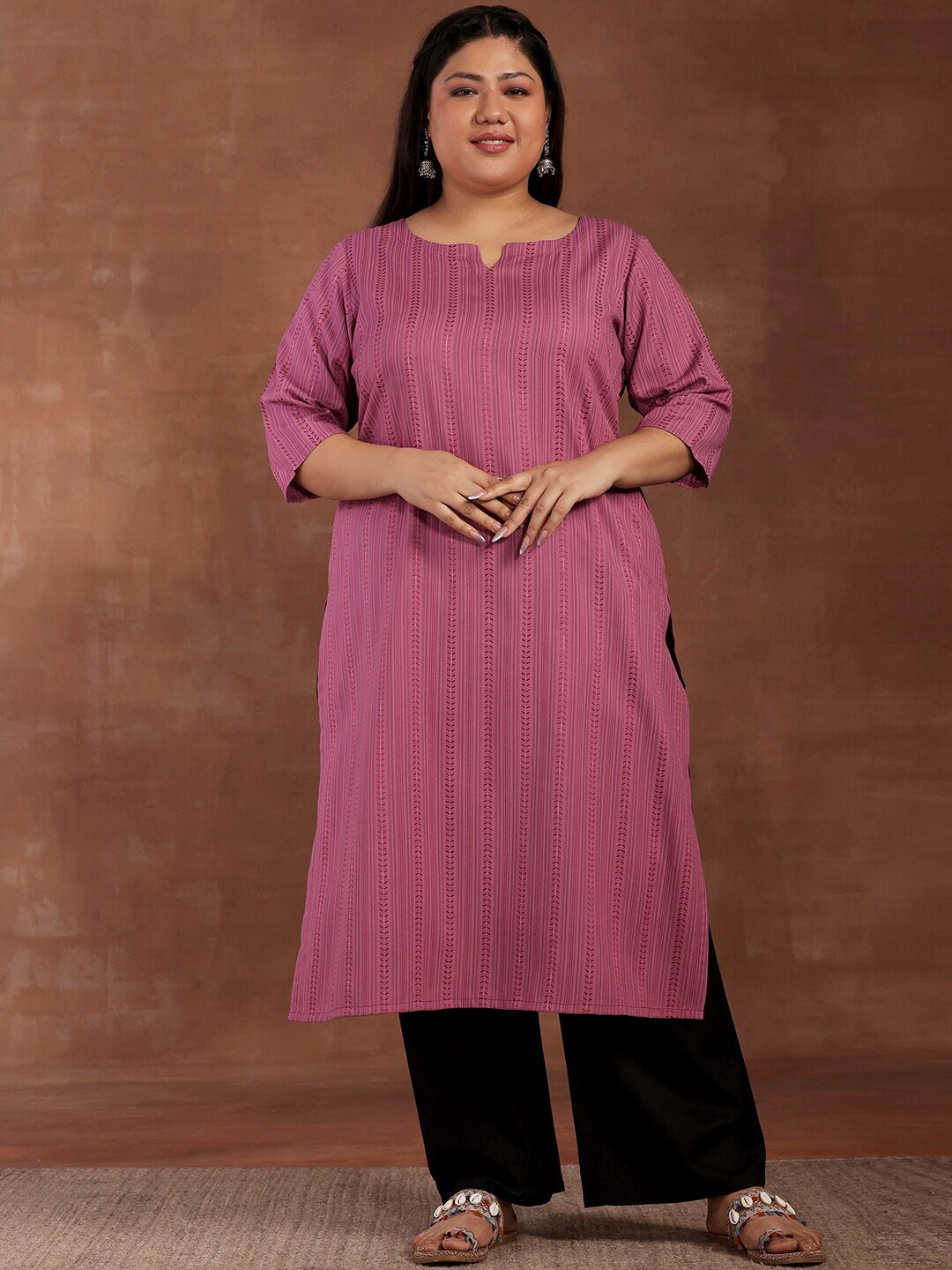 

EXTRA LOVE BY LIBAS Plus Size Striped Thread Work Jacquard Straight Kurta, Mauve