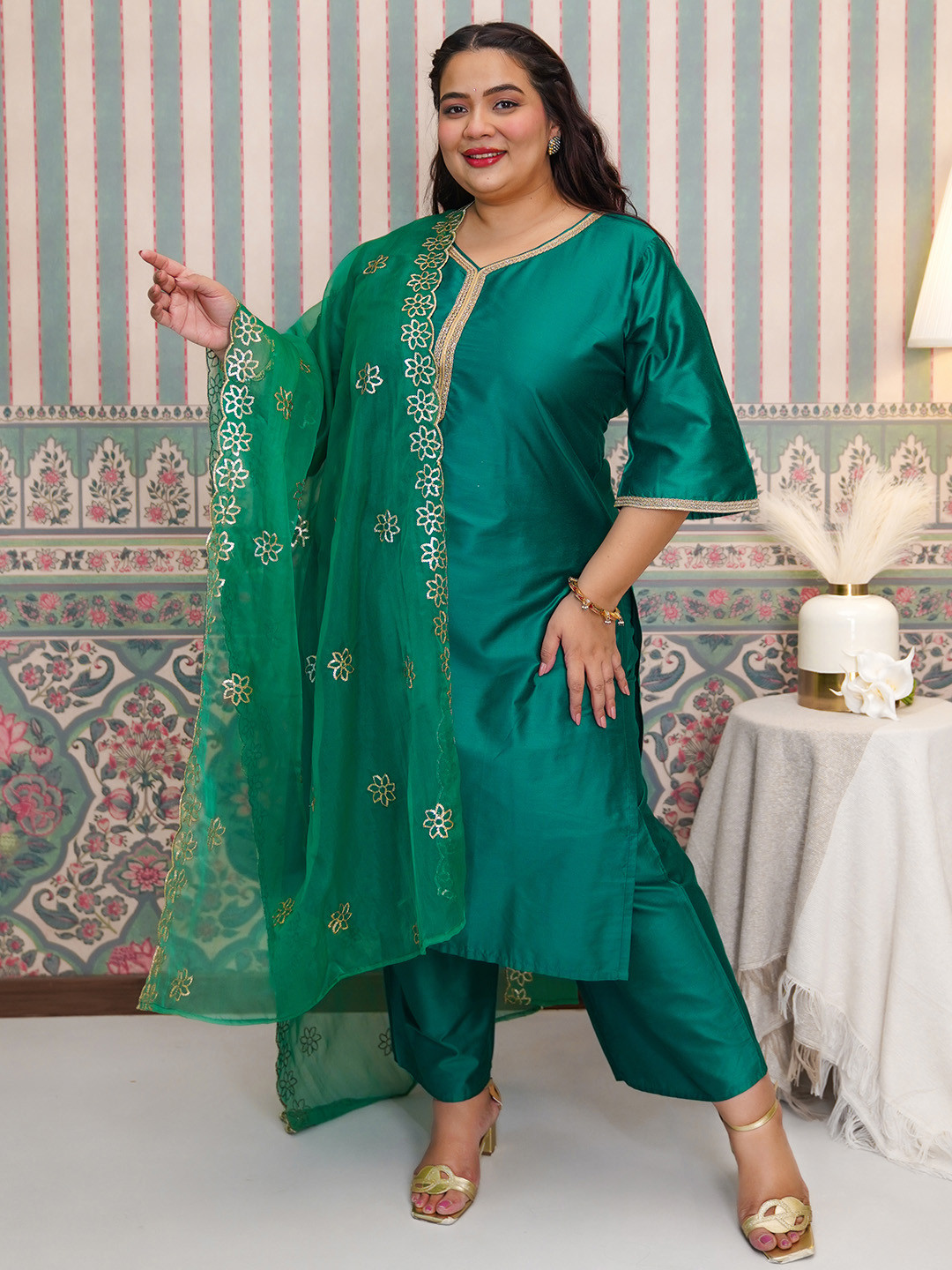 

EXTRA LOVE BY LIBAS Plus Size Floral Zari Straight Kurta With Trouser & Dupatta, Green