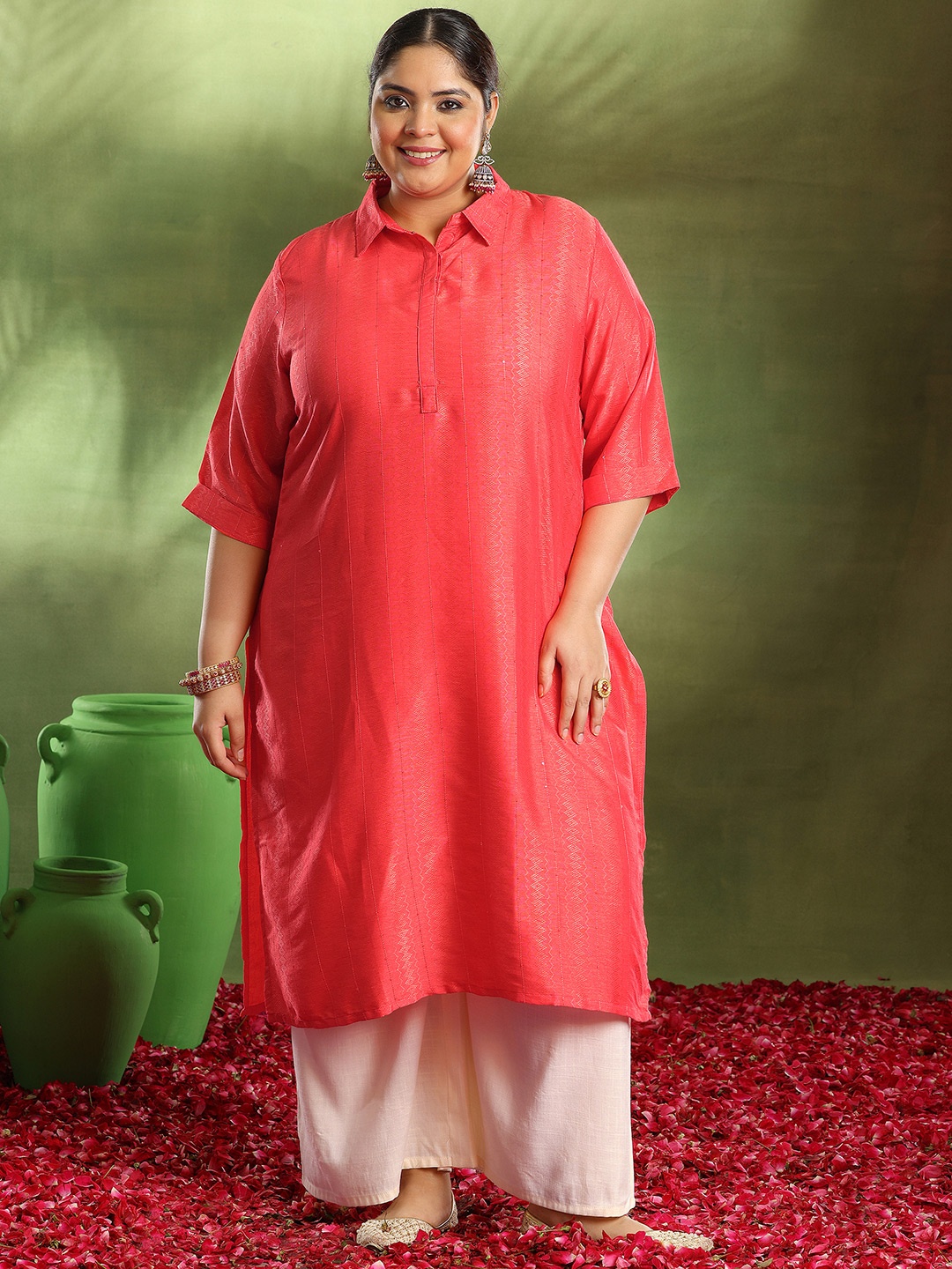 

EXTRA LOVE BY LIBAS Plus Size Mandarin Collar Cotton Straight Kurta, Coral