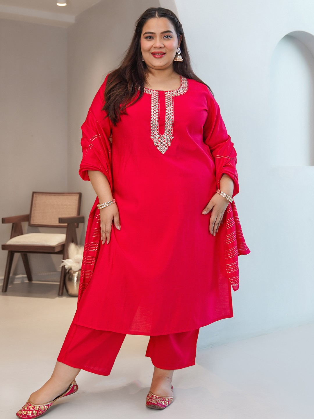 

EXTRA LOVE BY LIBAS Plus Size Mirror Work Straight Kurta with Trousers & Dupatta, Pink