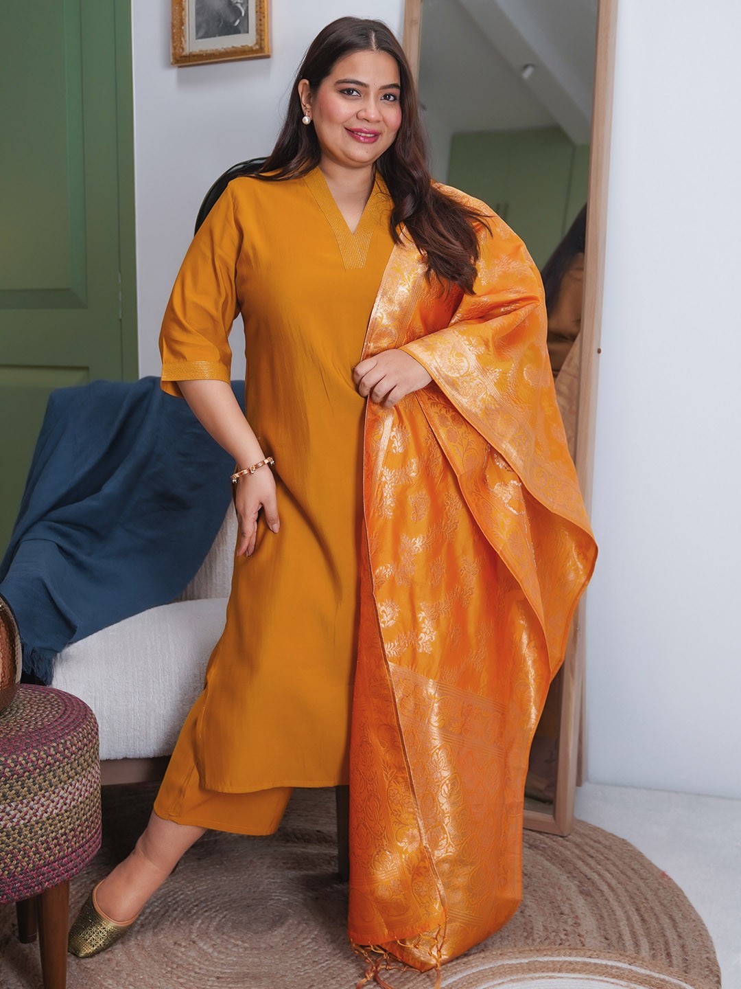 

EXTRA LOVE BY LIBAS Plus Size V-Neck Straight Kurta With Palazzo & Dupatta, Mustard