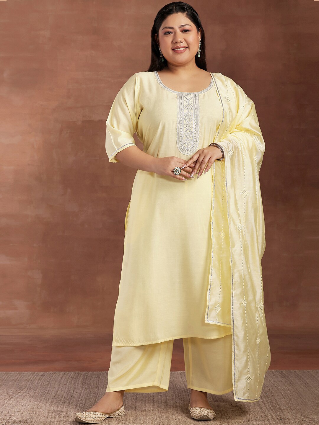 

EXTRA LOVE BY LIBAS Plus Size Ethnic Motifs Sequinned Kurta With Palazzos & Dupatta, Yellow