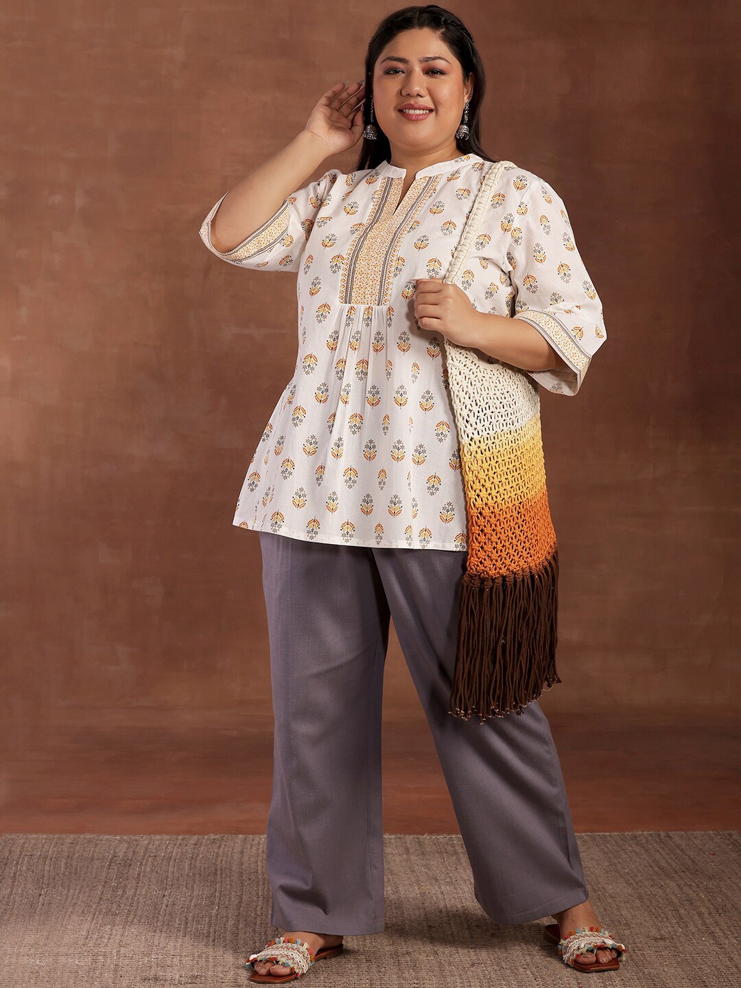 

EXTRA LOVE BY LIBAS Plus Size Floral Mandarin Collar Three-Quarter Sleeves Cotton Kurti, White