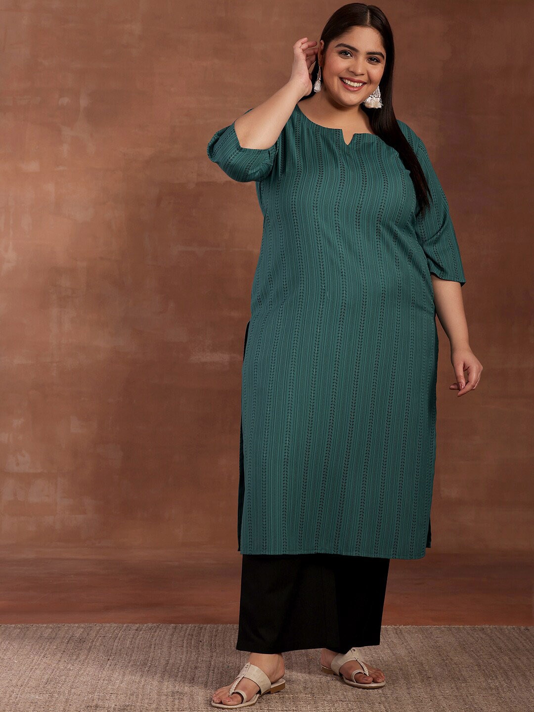 

EXTRA LOVE BY LIBAS Plus Size Striped Flared Sleeves Jacquard Plus Size A-Line Kurta, Blue