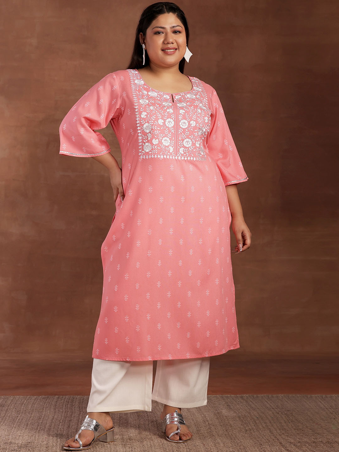 

EXTRA LOVE BY LIBAS Plus Size Printed Floral Embroidered Cotton Straight Kurta, Pink