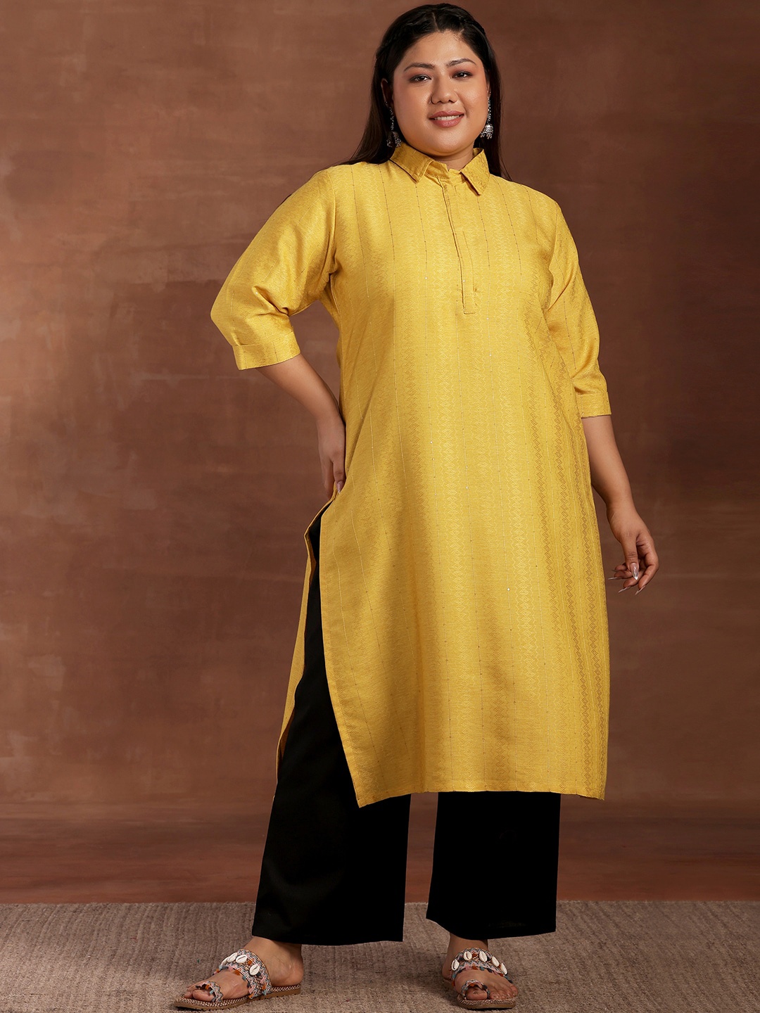 

EXTRA LOVE BY LIBAS Plus Size Striped Shirt Collar Zari Straight Kurta, Yellow
