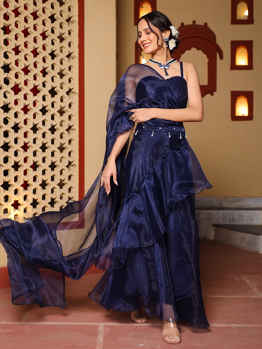 

Thread & Button Organza Ready to Wear Saree, Blue