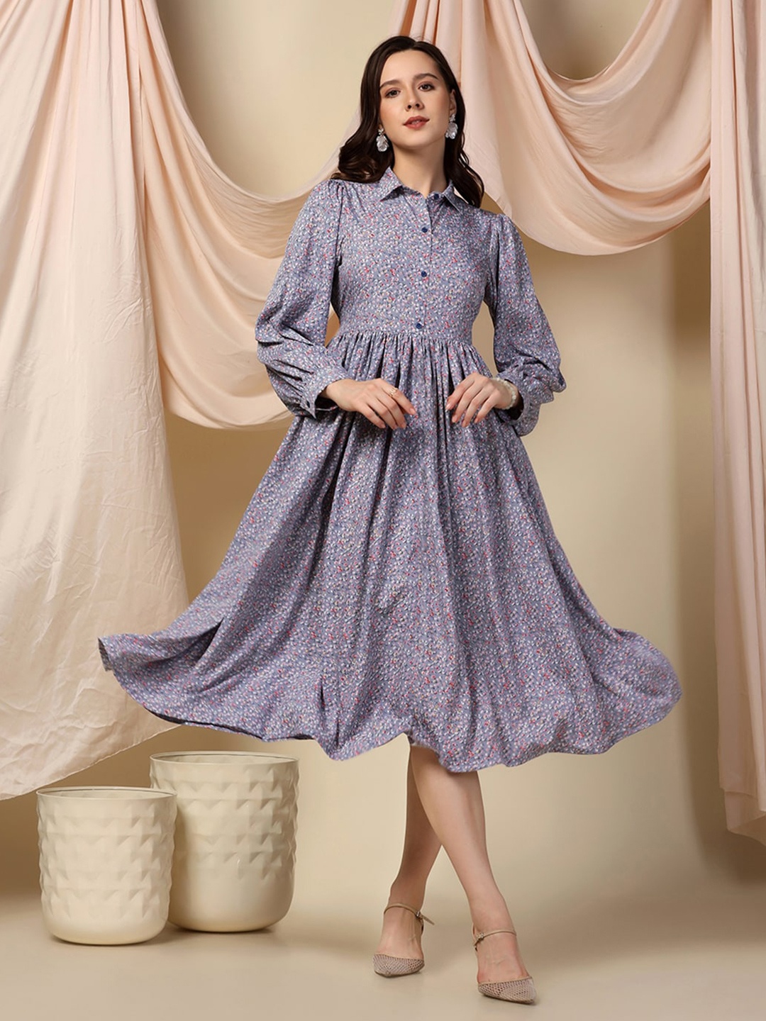 

FASHION DREAM Floral Printed Shirt Collar Fit & Flare Midi Dress, Grey