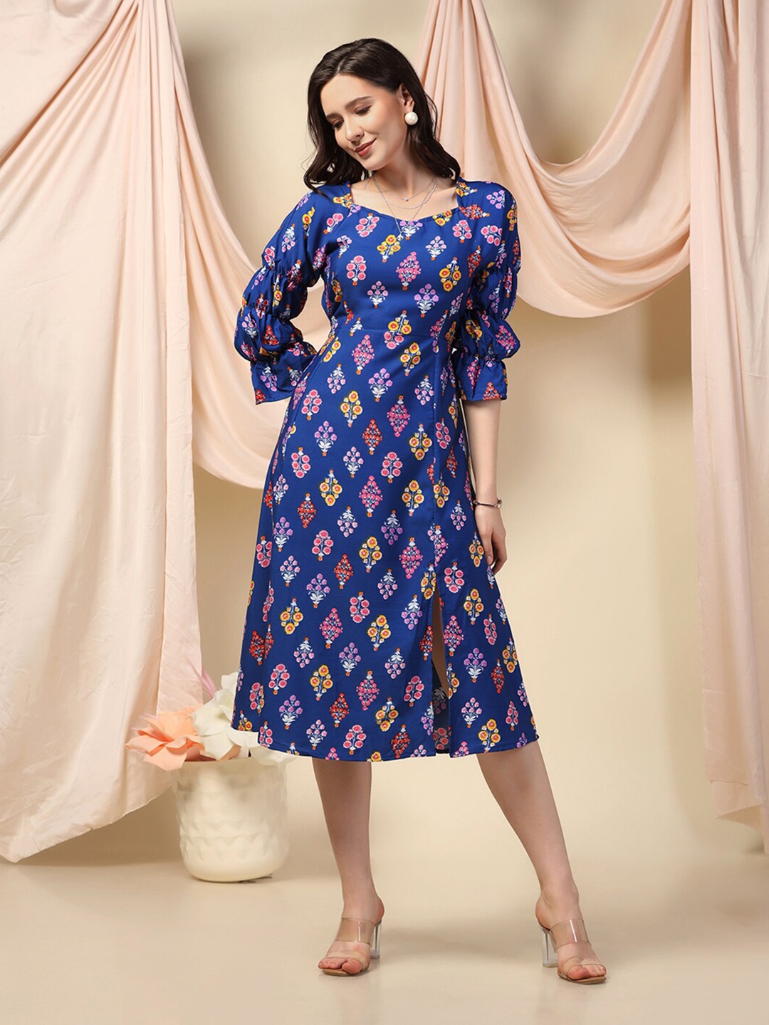 

FASHION DREAM Ethnic Motifs Printed A-Line Midi Dress, Blue