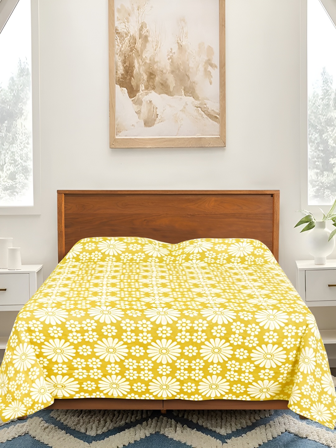 

Saral Home Yellow & White Floral 210 TC Cotton King Bedsheet with 2 Pillow Covers