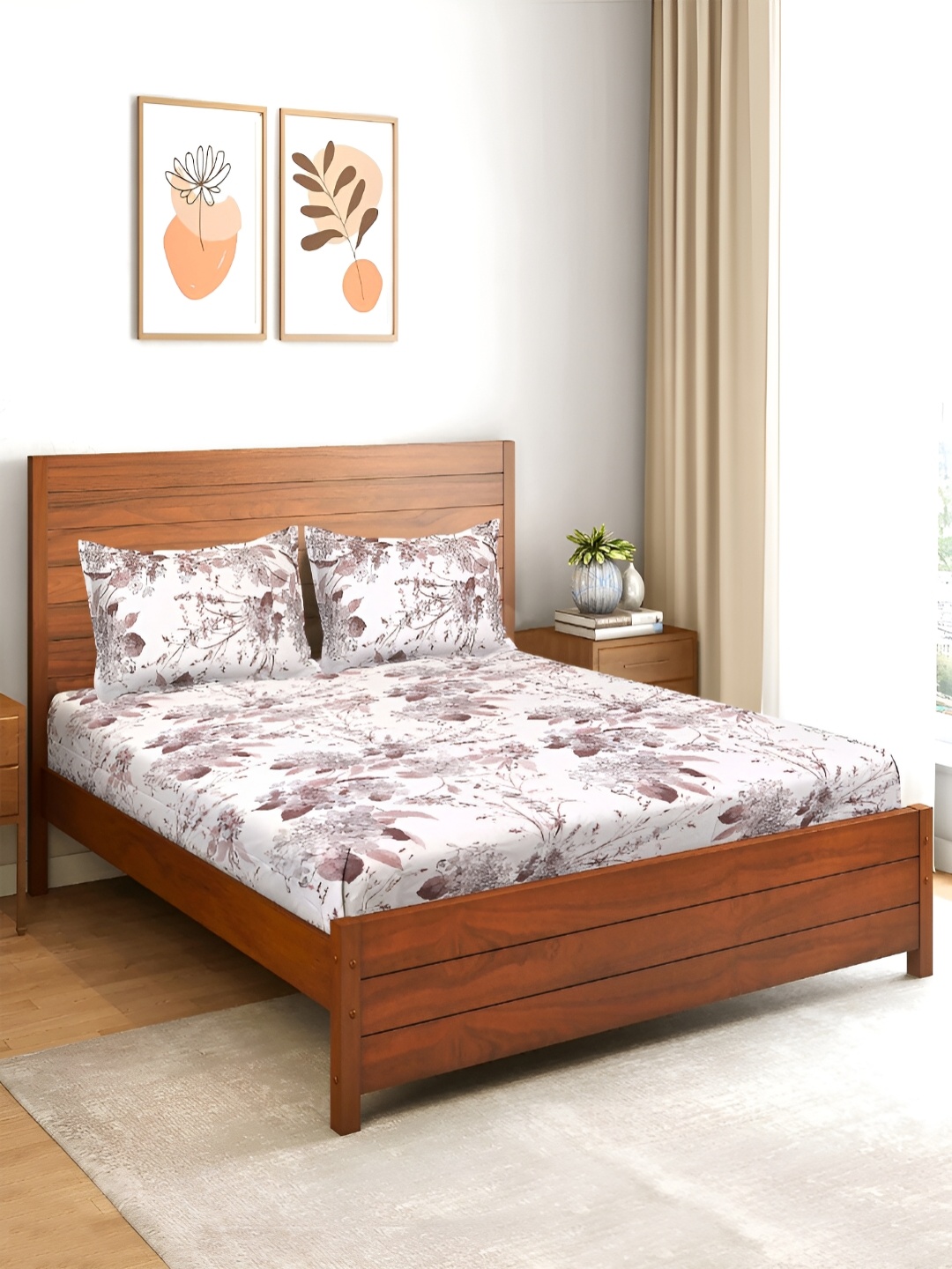

Saral Home Brown & White Floral Printed 210 TC King Bedsheet with 2 Pillow Covers