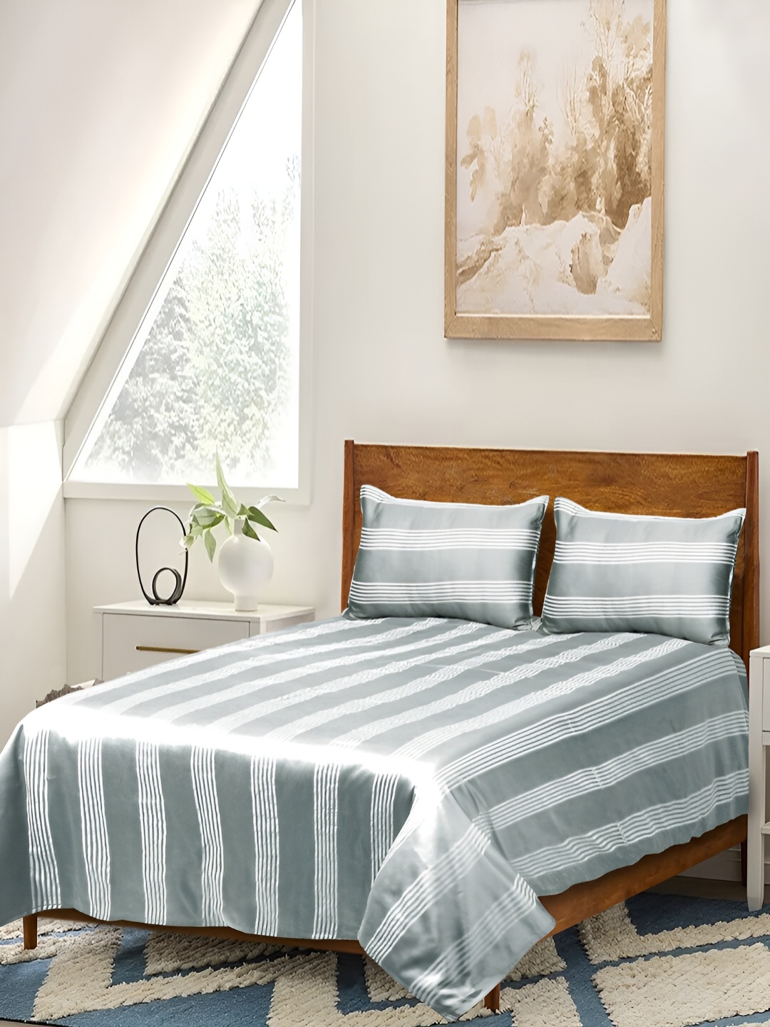 

Saral Home Grey & White Striped Cotton 210 TC Queen Bedsheet with 2 Pillow Covers