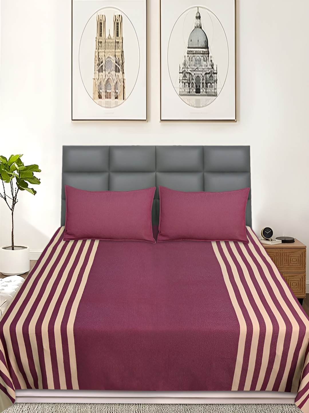 

Saral Home Maroon & Cream Striped Cotton 210 TC Queen Bedsheet with 2 Pillow Covers