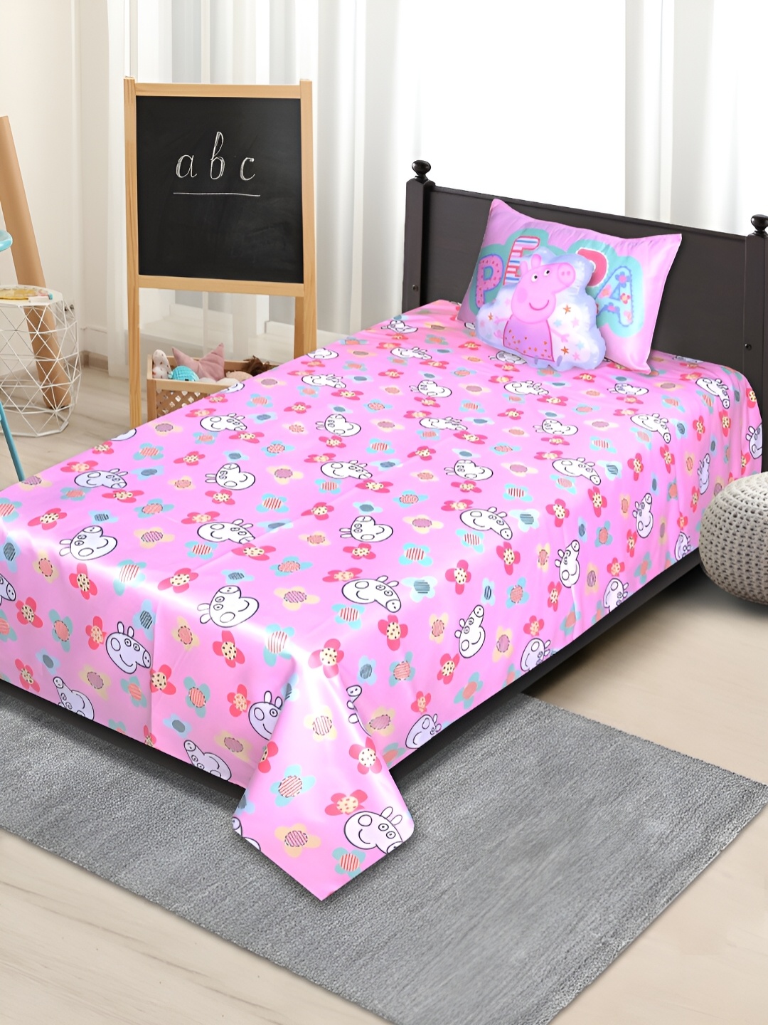 

Saral Home Pink & Blue Cartoon Characters 210 TC Single Bedsheet with 1 Pillow Covers