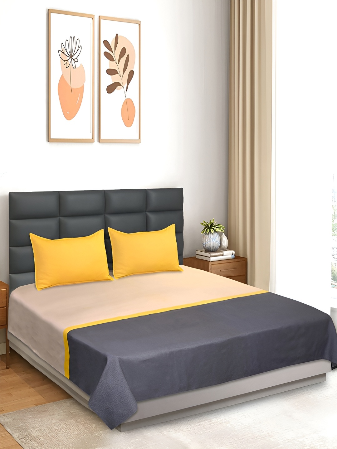 

Saral Home Grey & Yellow Striped Cotton 210 TC King Bedsheet with 2 Pillow Covers