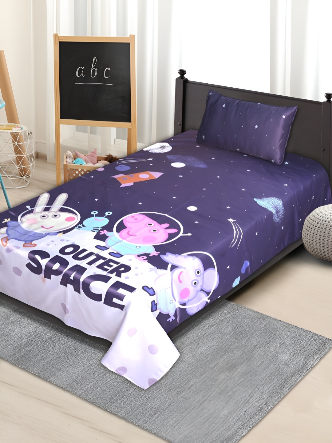 

Saral Home Navy Blue Cartoon Characters 210 TC Cotton Single Bedsheet with 1 Pillow Covers