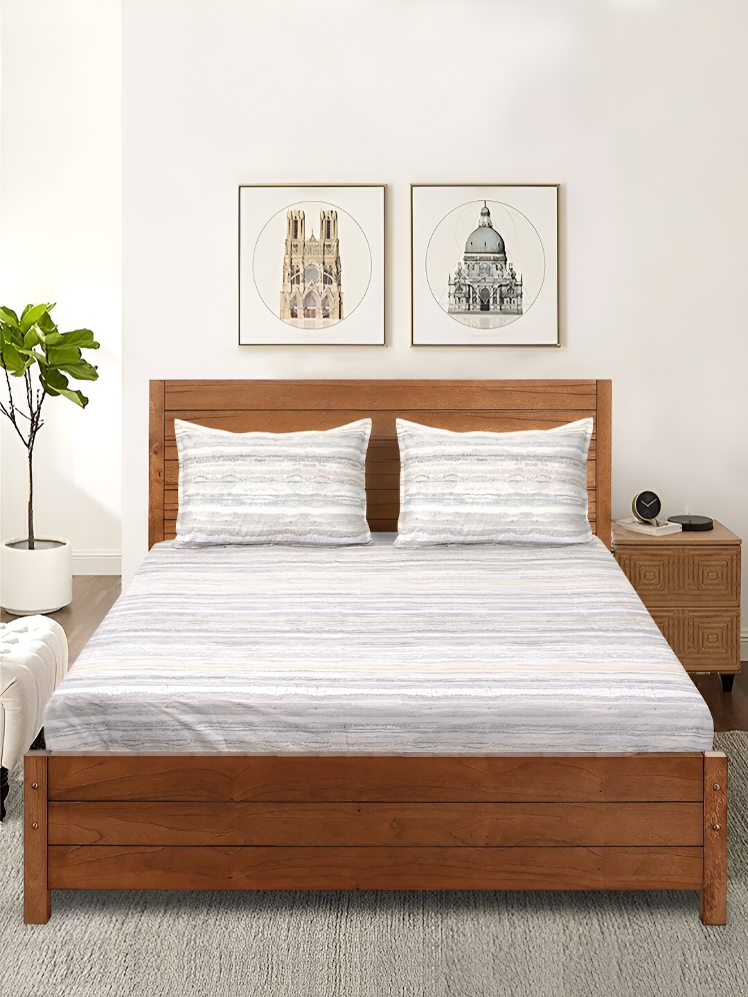 

Saral Home Grey & Beige Striped 210 TC King Bedsheet with 2 Pillow Covers