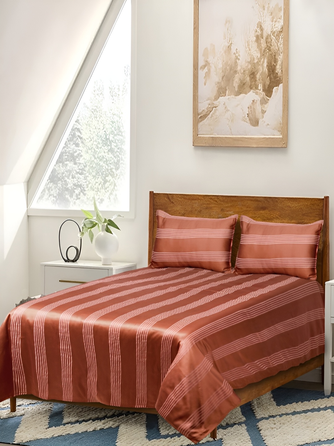 

Saral Home Rust & Pink Striped 210 TC Pure Cotton Queen Bedsheet with 2 Pillow Covers