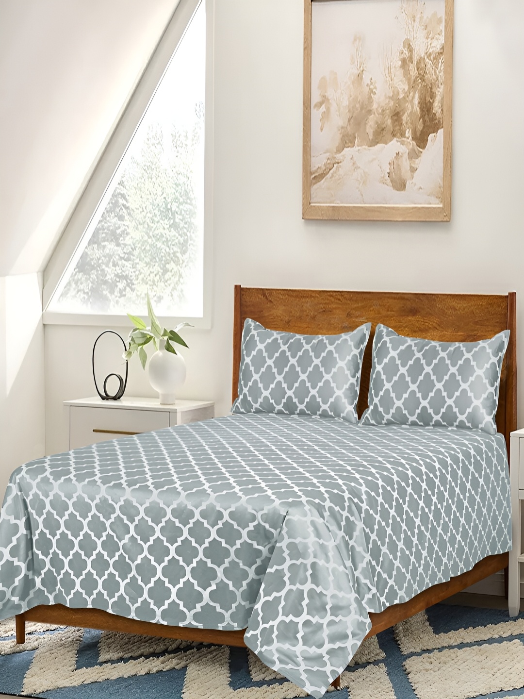 

Saral Home Grey & White Ethnic Motifs Cotton 210 TC Queen Bedsheet with 2 Pillow Covers