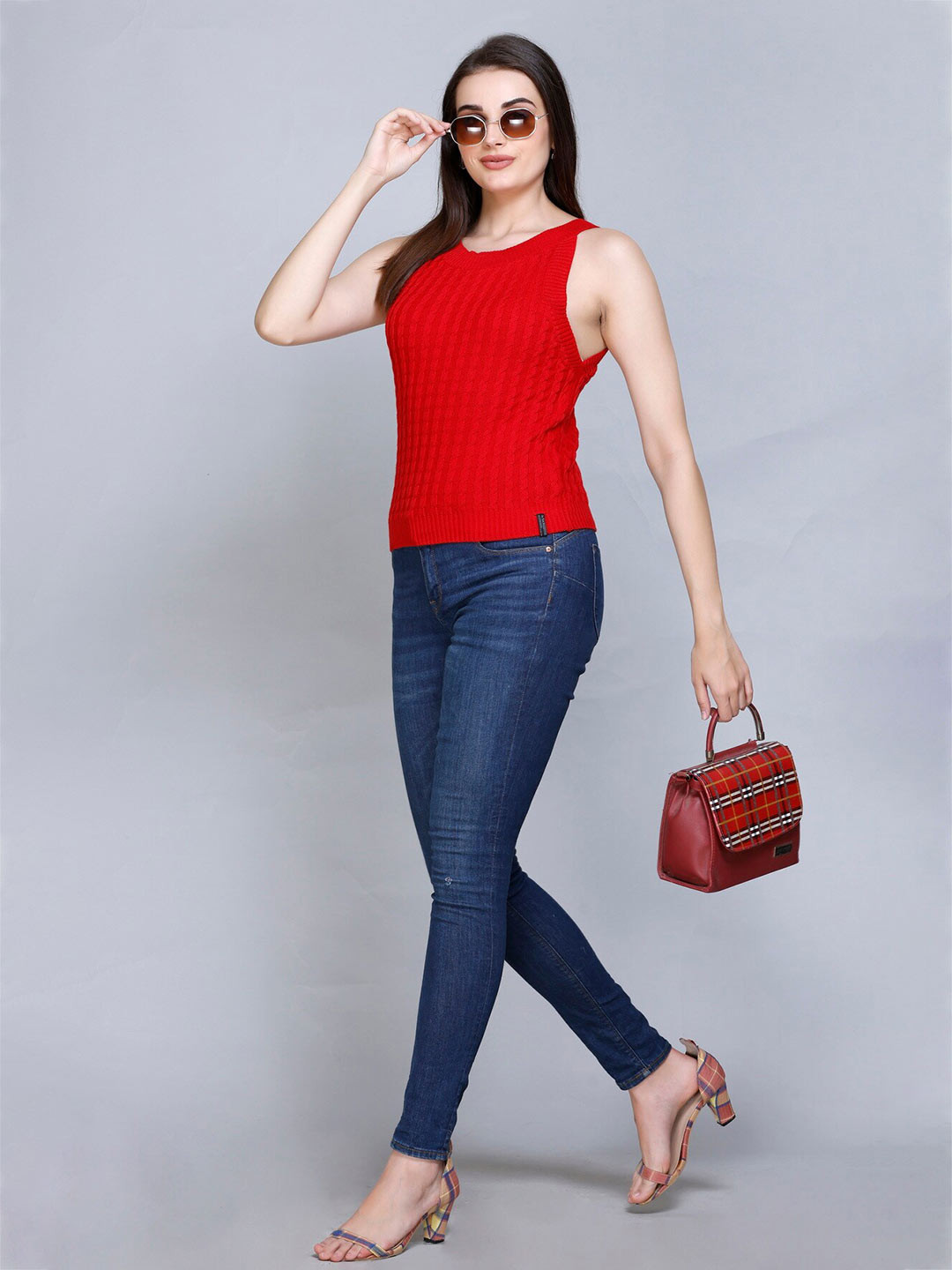 

513 Self Design Round Neck Cotton Fitted Top, Orange