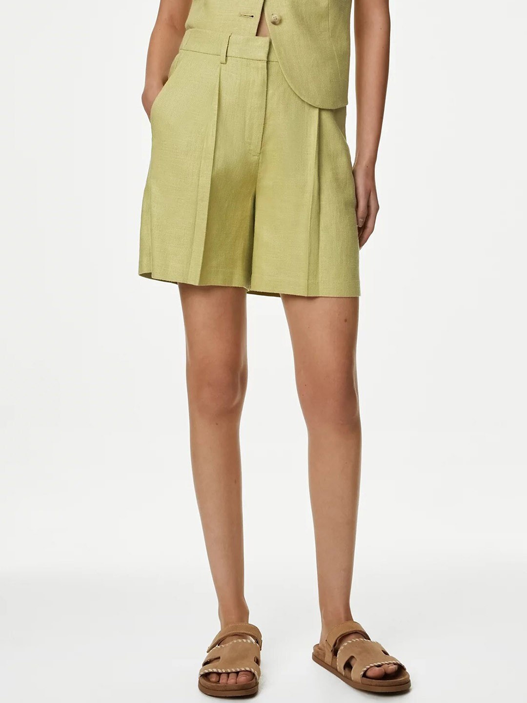 

Marks & Spencer Women High-Rise Pleated Shorts, Green