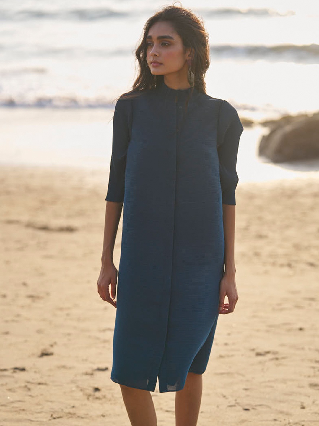 

Dash and Dot High Neck Three-Quarter Sleeves A-Line Dress, Teal