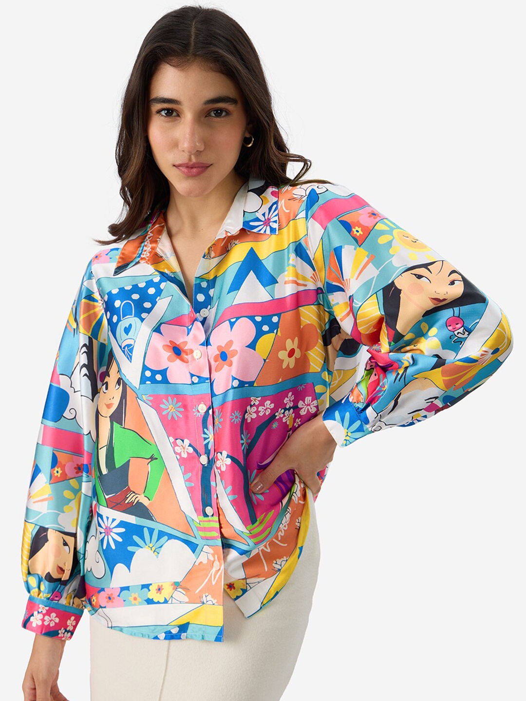 

The Souled Store Satin Shirt: Disney Mulan Graphic Printed Casual Shirt, White