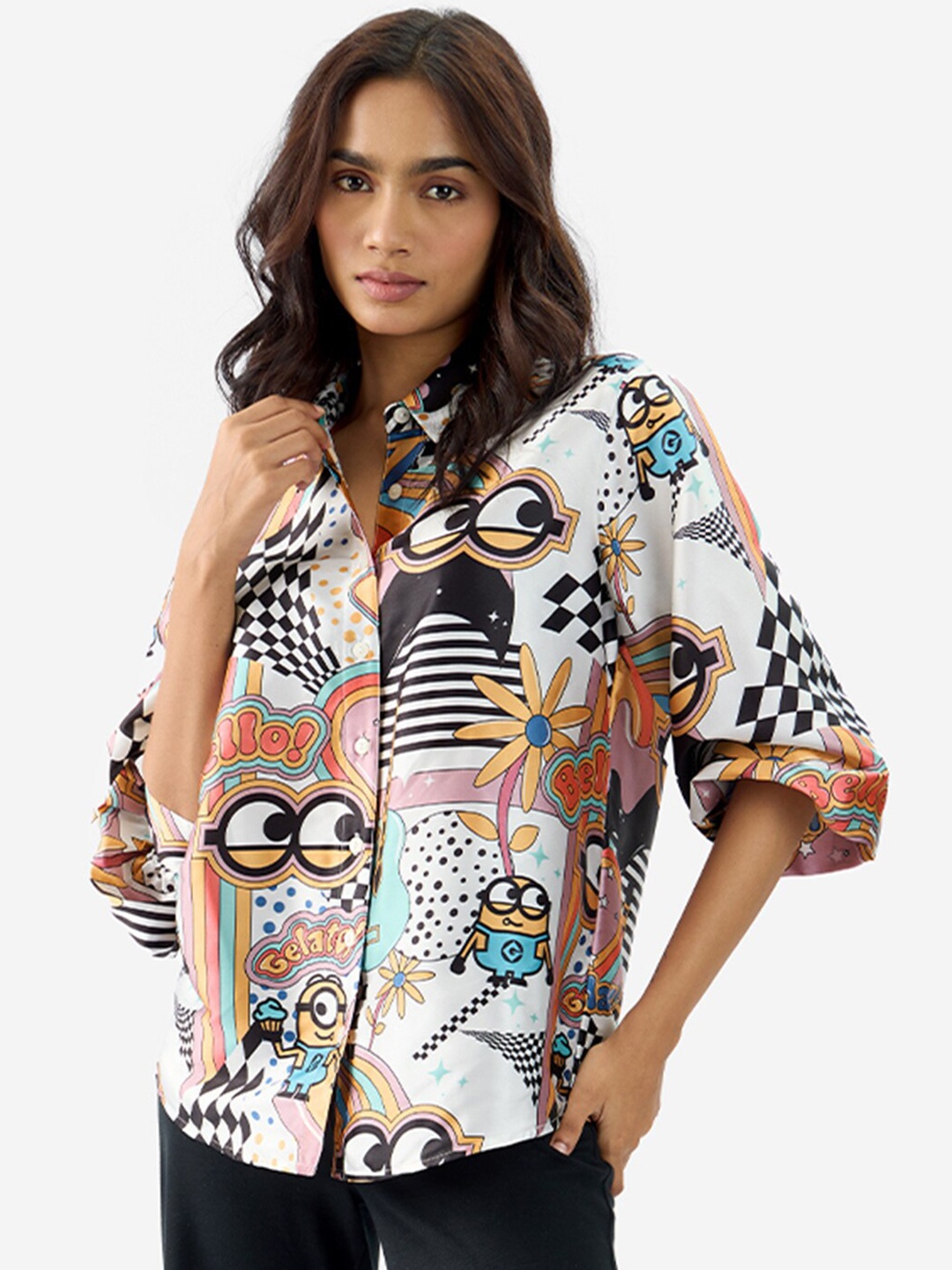 The Souled Store Satin Shirt: Minion Mania Printed Casual Shirt, White