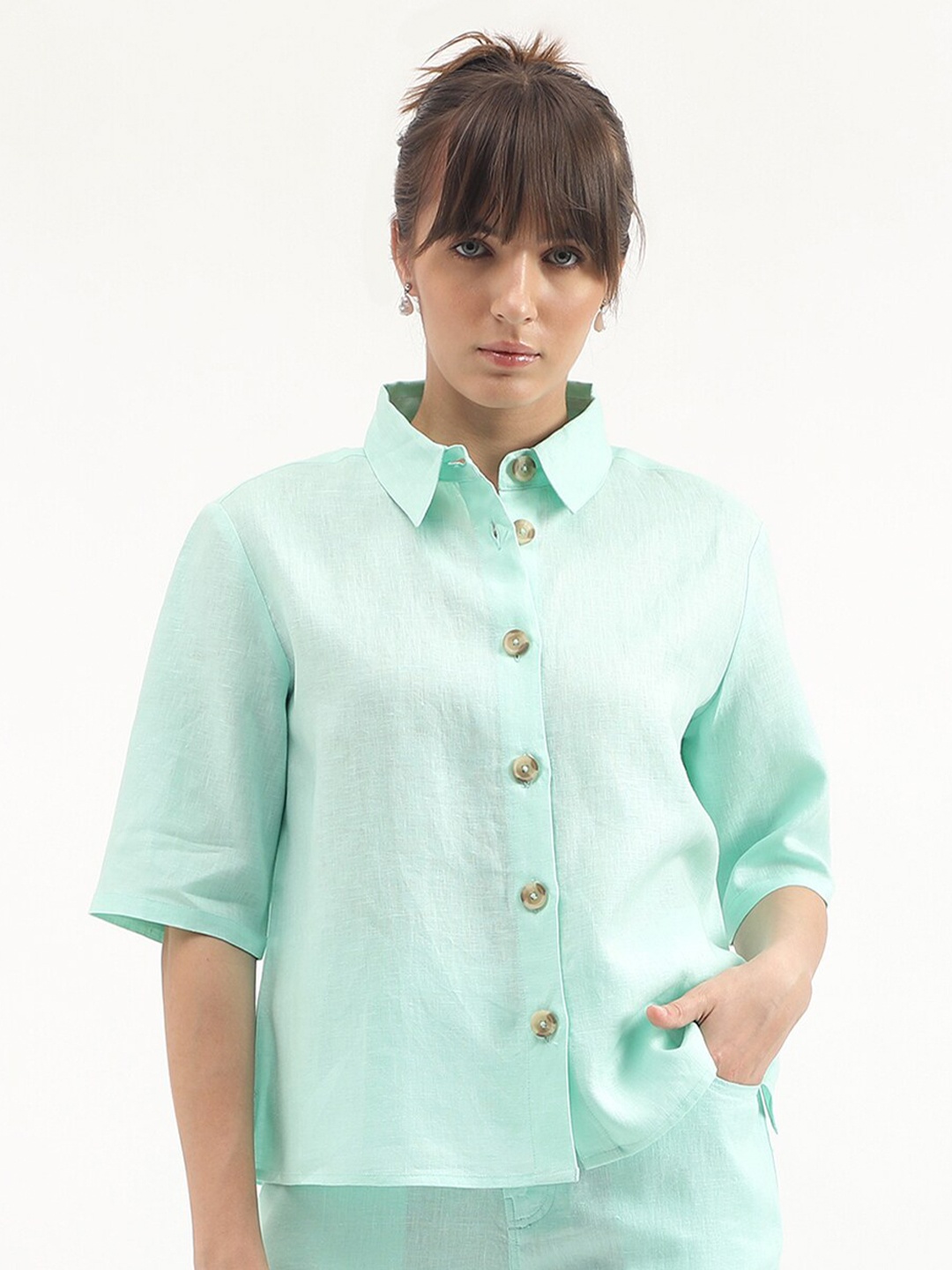 

United Colors of Benetton Spread Collar Linen Casual Shirt, Green