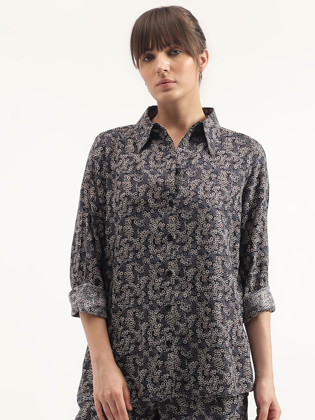 

United Colors of Benetton Floral Printed Spread Collar Pure Modal Casual Shirt, Grey