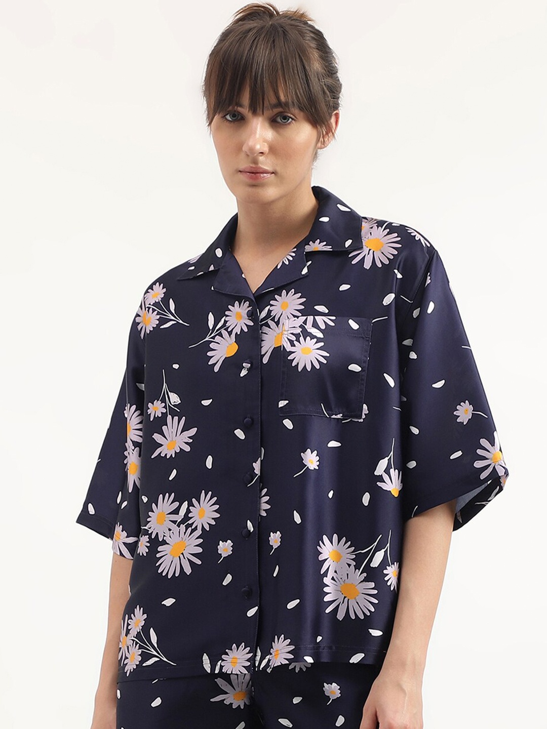 

United Colors of Benetton Floral Printed Cuban Collar Casual Shirt, Blue