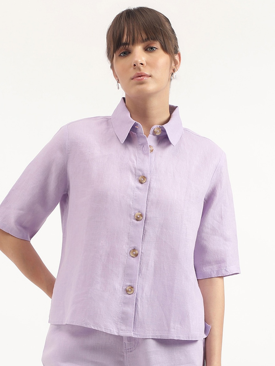 

United Colors of Benetton Spread Collar Opaque Linen Casual Shirt, Purple