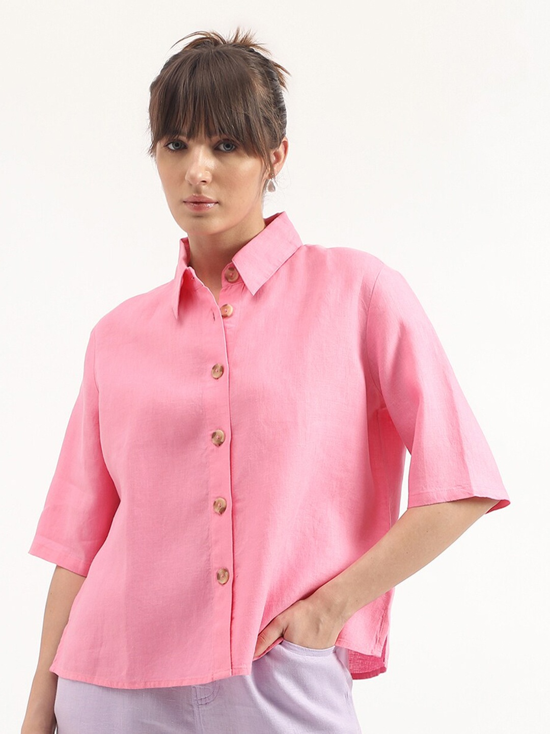 

United Colors of Benetton Spread Collar Opaque Linen Casual Shirt, Pink