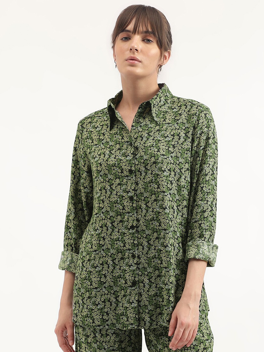 

United Colors of Benetton Floral Printed Spread Collar Pure Modal Casual Shirt, Green