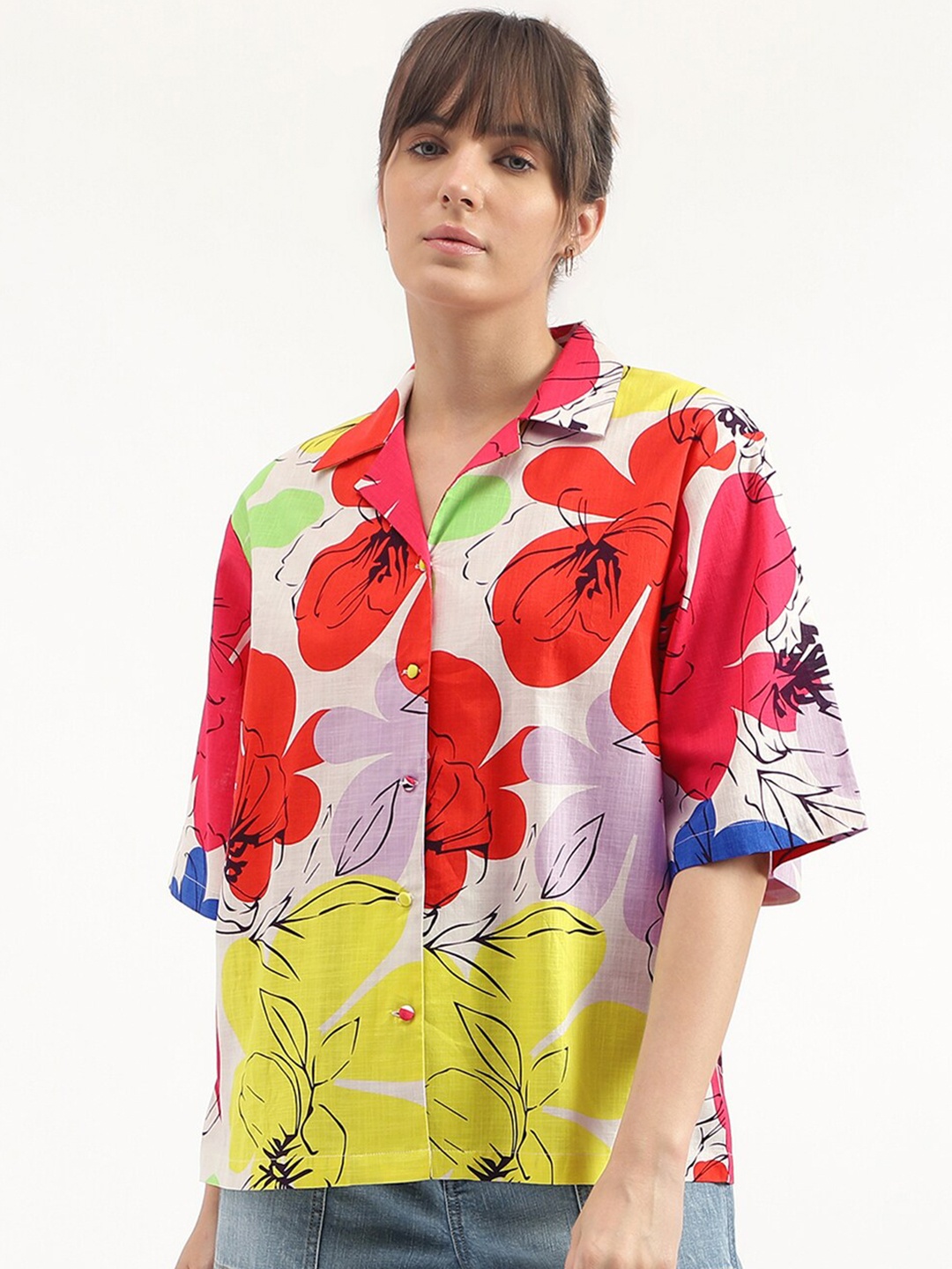 

United Colors of Benetton Floral Printed Cuban Collar Cotton Casual Shirt, Red