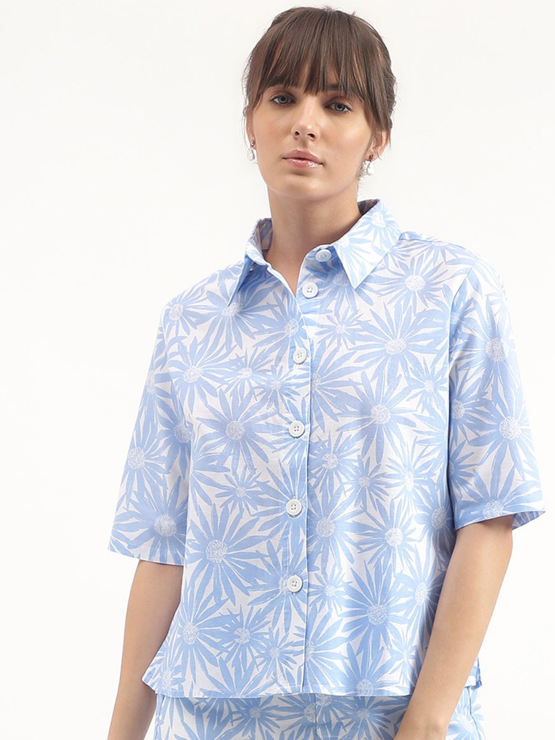 

United Colors of Benetton Floral Printed Spread Collar Cotton Linen Casual Shirt, Blue