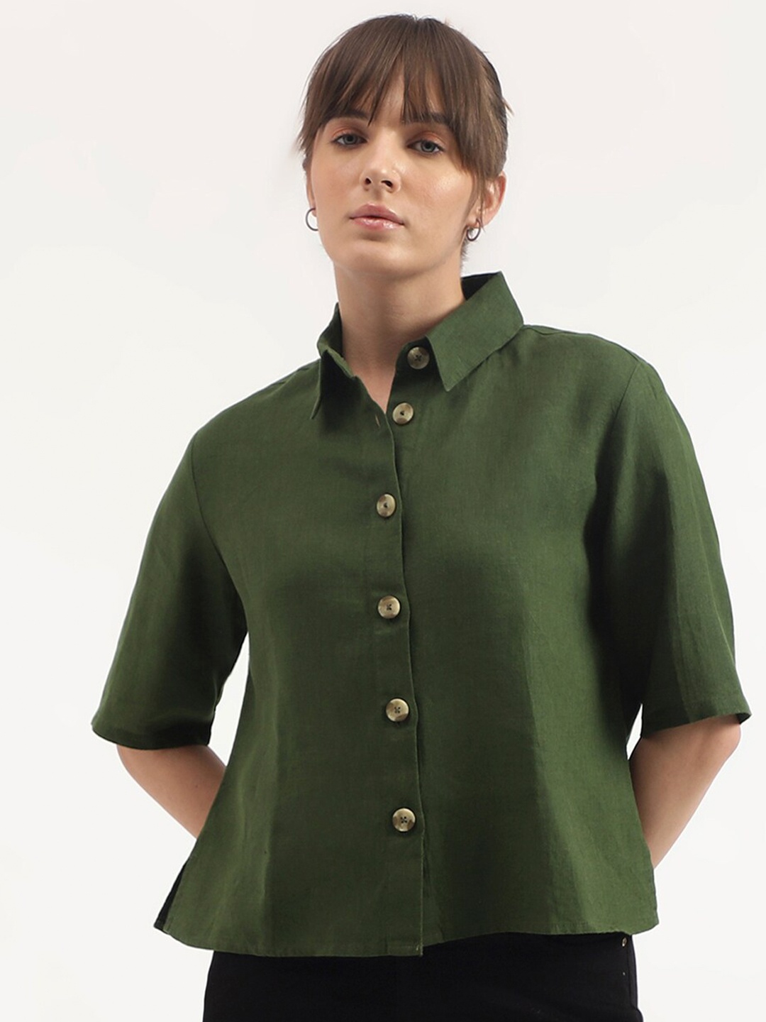 

United Colors of Benetton Spread Collar Linen Casual Shirt, Green