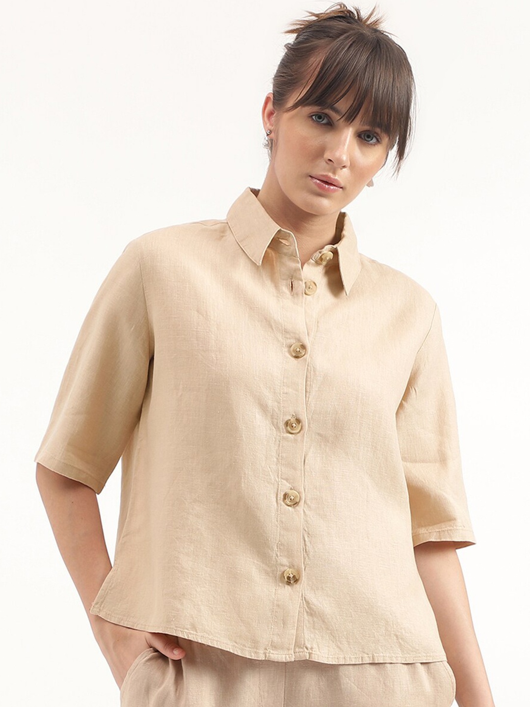 

United Colors of Benetton Spread Collar Linen Casual Shirt, Beige
