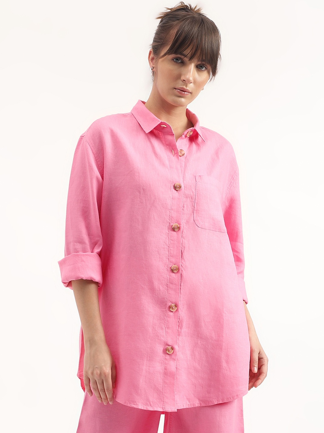 

United Colors of Benetton Spread Collar Long Sleeves Linen Casual Shirt, Pink